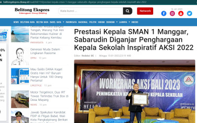 Prestasi Kepala SMAN 1 Manggar, Sabarudin Diganjar Penghargaan Kepala Sekolah Inspiratif AKSI 2022